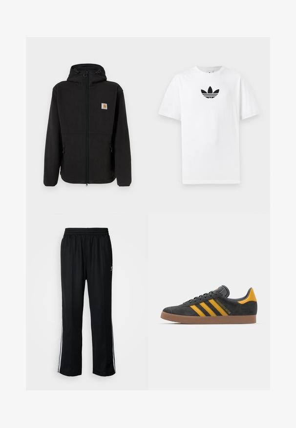 Čierna fleece bunda s predným zipsom, nastaviteľnou kapucňou, bočnými vreckami a malou nášivkou loga na ľavej hrudi. Mäkka textúra.; Biely bavlnený tričko s čiernym logom Adidas v strede. Krátke rukávy a okrúhly výstrih. Hladká textúra.; Čierne športové nohavice s elastickým pásom, s bielymi bočnými prúžkami a malým logom. Materiál vyzerá byť mäkký a ľahký.; Čierne semišové tenisky so žltými akcentmi, ktoré majú tri pruhy a hnedú gumovú podrážku. Obsahujú vypolstrovaný jazyk pre pohodlie.