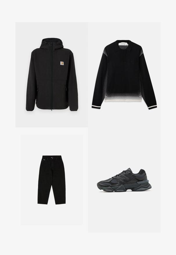 Giacca in pile nera con zip frontale, cappuccio regolabile, tasche laterali e piccola etichetta con logo sul lato sinistro del petto. Texture morbida.; Polo in maglia nera a maniche lunghe con gradiente a pois bianchi sui lati, sull'orlo inferiore e sui polsini, con un piccolo logo sul petto.; Jeans in denim nero con vita alta, design a gamba dritta e logo sottile sulla tasca anteriore. Presentano il classico stile a cinque tasche.; Scarpa da corsa nera con una combinazione di materiali in rete e sintetici, suola spessa, design curvo e marchio ben visibile sul lato.