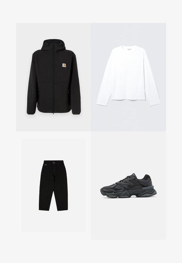 Black fleece jacket featuring a zip front, adjustable hood, side pockets, and a small logo patch on the left chest. Soft texture.; White long-sleeve shirt made from soft fabric, featuring a rounded neckline and loose fit. Smooth texture with no patterns or accents.; Black denim jeans with a high waist, straight leg design, and subtle logo on the front pocket. Features classic five-pocket styling.; Black running shoe featuring a mix of mesh and synthetic materials, chunky sole, curved design, and prominent branding on the side.