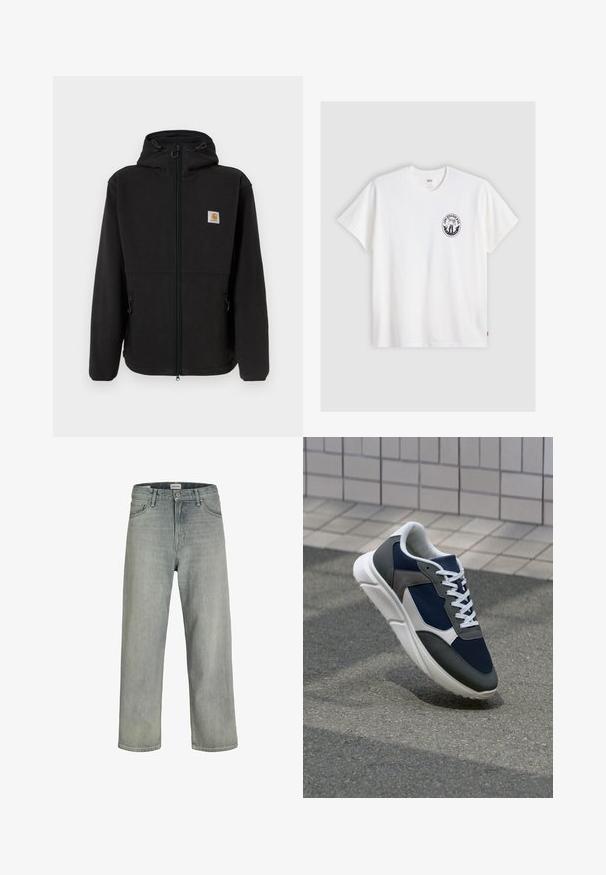 Svart fleecejakke med glidelås foran, justerbar hette, sidelommer og et lite logo-merke på venstre bryst. Myk tekstur.; Hvit bomull t-skjorte med korte ermer, rund hals og en svart sirkulær logo på venstre bryst med et stilisert design.; Lys grå, løstsittende jeans laget av denim. Har en klassisk fem-lomme-design, beltehemper og en rett ben-silhuett.; Sneakers med en navy blå mesh-overdel, grå sømværk, hvit gummisåle og flate hvite snører, designet for komfort og pusteevne.