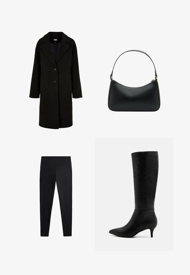 Cappotto di lana nera con revers a punta, bottoni frontali e tasche laterali. Presenta una vestibilità lunga e rilassata e una texture liscia.; Maglione grigio a collo alto realizzato in un morbido materiale testurizzato con una vestibilità comoda. Presenta un colletto, polsini e orlo a coste. Design semplice.; Leggings neri realizzati in tessuto liscio e elasticizzato. Presentano una cintura larga e un design a gamba affusolata, adatti per un abbigliamento sia attivo che casual.; Anna Field Stivali alti - black; Borsa a spalla in pelle nera con forma curvata, una tracolla piatta singola e chiusura con zip superiore. Texture liscia con dettagli hardware minimi.