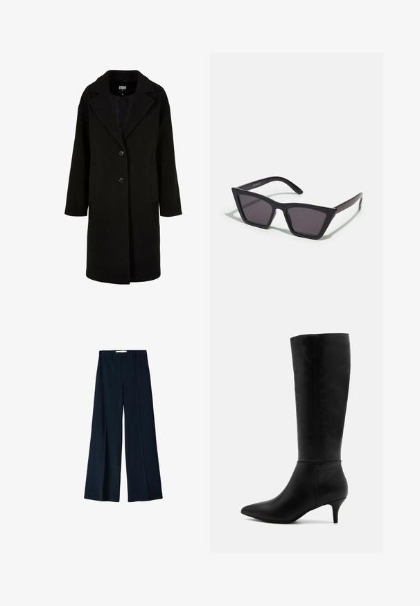Črn volnen plašč z izrezanim ovratnikom, dolgimi rokavi, dvema sprednjima žepoma in zapiranjem na gumbe. Preprost dizajn z gladko teksturo.; Sivi pulover s turtleneck ovratnikom, izdelan iz mehkega, teksturiranega materiala z sproščenim krojem. Ima rebrast vrhnji del, manšete in rob. Preprost dizajn.; Mornarsko široke hlače, izdelane iz gladkega materiala, z dvema sprednjima naborkoma in enim gumbom za zapiranje v pasu.; Anna Field Škornji - black; Črne, angularne sončne očala z sivimi lečami; izdelana iz plastike, imajo debele ročke z gladko površino in brez vidne opreme.