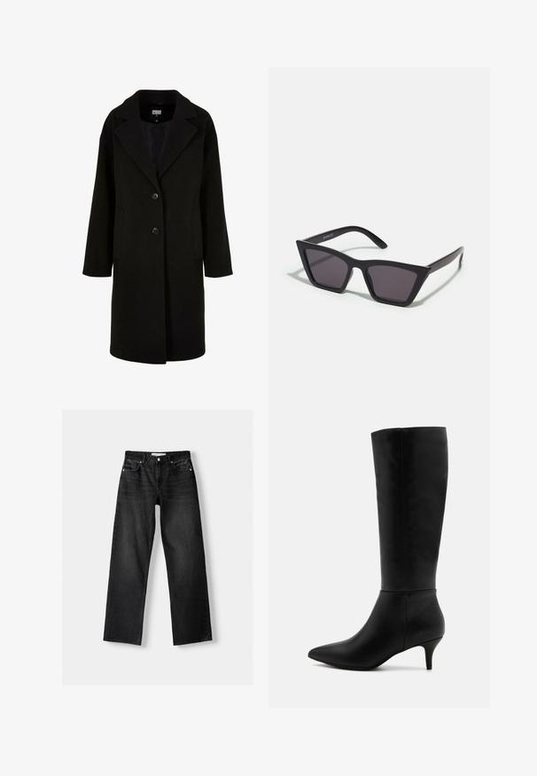 Musta villatakki, jossa on käännetty kaulus, pitkät hihat, kaksi etutaskua ja napillinen suljenta. Yksinkertainen muotoilu sileällä pinnalla.; Harmaa poolopaita on valmistettu pehmeästä, teksturoidusta materiaalista ja siinä on rento istuvuus. Varustettu ribbaamalla viimeistellyllä kaula-aukolla, hihansuilla ja helman reunuksilla. Yksinkertainen muotoilu.; Bershka Straight leg -farkut - mottled dark grey; Anna Field Saappaat - black; Mustat, kulmikkaat aurinkolasit harmailla linsseillä; valmistettu muovista, paksuilla varsilla, joissa on sileä pinta ja ilman näkyvää metalliosaa.