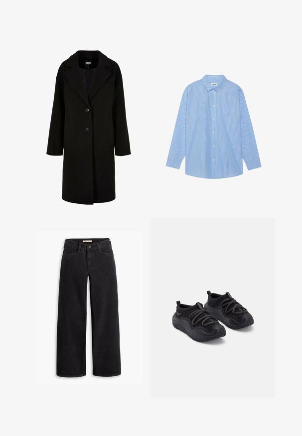 Must sor رقمирован maart  kanna te Ghab rinna, ketm at minu loov te bih. Mai doon ar rak et nega aj saj, vid des et praias. Vid es inp bealo.; Sinine ja valge triibuline pikkade varrukatega särk klassikalise krae, nööbiväli ja ümmargune äär. Valmistatud kergest kangast.; Mustad laiad mustad teksad, mis on valmistatud denimist. Omab kõrget vööd, esi-taskuid ja lukku koos nööbiga. Sujuv tekstuur.; Mustad musta värvi sportlikud kingad, millel on tekstureeritud kummist tald, polsterdatud kangast ülaserv, elastsed paelad ja kandmisel mugavust pakkuvad tõmbevasti.