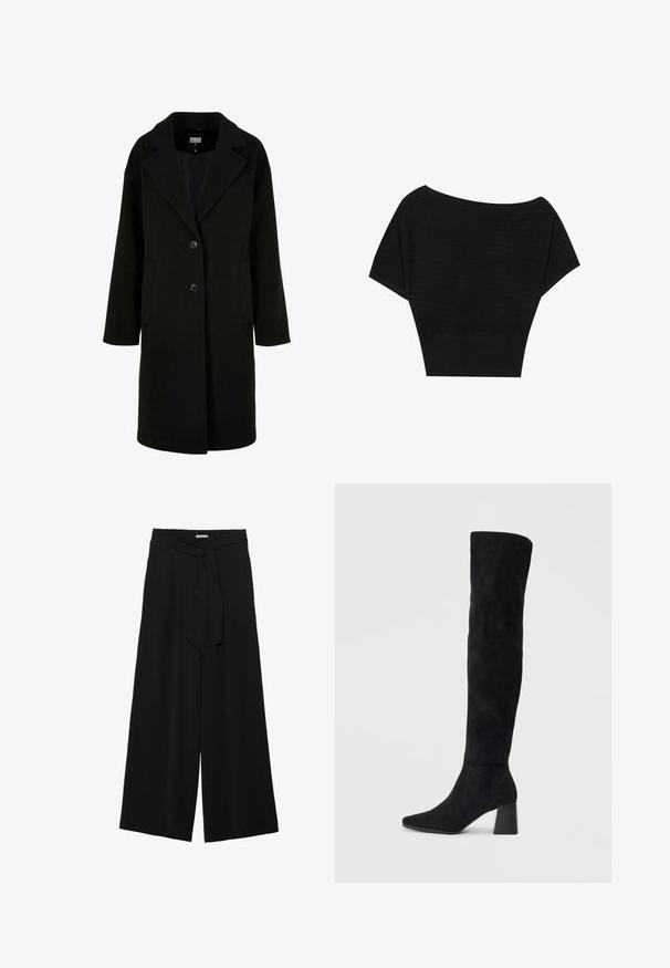 Černý vlněný kabát s klopovým límcem, předními knoflíky a bočními kapsami. Má dlouhý, volný střih a hladkou texturu.; Anna Field Triko s potiskem - black; Černé kalhoty s širokými nohavicemi, vyrobené z texturované tkaniny, s elastickým pasem a odnímatelným páskem na úpravu velikosti.; Černé semišové vysoké boty s blokovým podpatkem, špičatou špičkou a hladkým, bezšvovým designem na jednoduchém světlém pozadí.