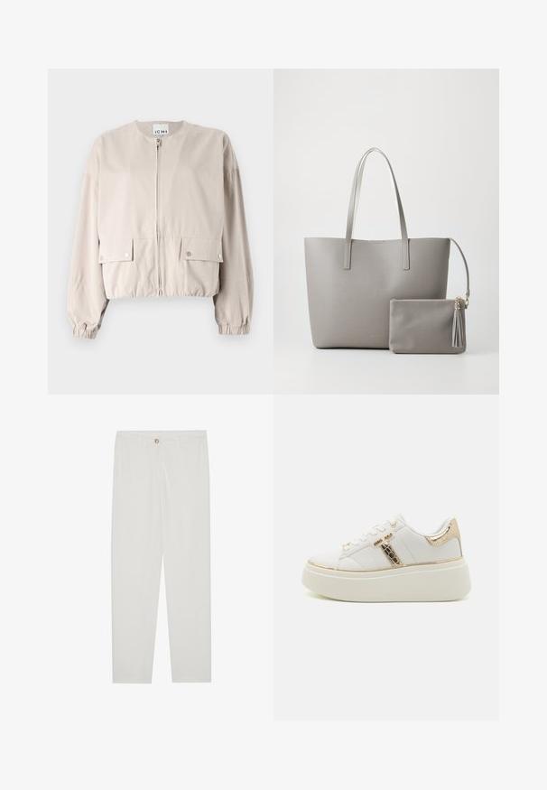 Hellbeige cropped Jacke aus einem glatten Stoff. Verfügt über einen Front-Reißverschluss, zwei Brusttaschen, elastische Bündchen und einen runden Hals.; Weißes T-Shirt mit kurzen Ärmeln, weitem Rundhalsausschnitt und strukturiertem Rippenmuster, aus weichem Stoff, mit legerer Passform und einem klaren Design.; Weisse, maßgeschneiderte Hosen mit geradem Bein, die über einen Knopfverschluss, Gürtelschlaufen und Seitentaschen verfügen; glatte Stoffoberfläche.; Weiße Plattform-Sneaker mit einem glatten Leder-Obermaterial, goldenen Metallic-Akzenten und strukturiertem goldenen Besatz entlang der Ferse. Mit flachen Schnürsenkeln.; Graue synthetische Tragetasche mit zwei langen Griffen und einem passenden kleinen Reißverschlussbeutel mit Quaste. Glatte Textur mit dezentem Muster.