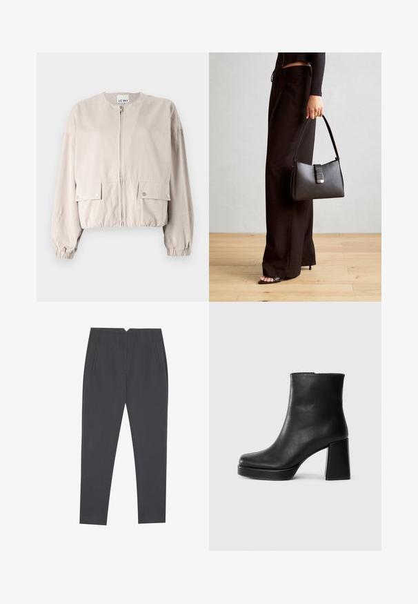 Giacca cropped beige chiaro realizzata in un tessuto liscio. Presenta una zip frontale, due tasche sul petto, polsini elasticizzati e un collo rotondo.; Maglietta nera a maniche lunghe con polsini svasati, texture morbida e vestibilità rilassata, con un semplice collo rotondo.; Pantaloni tapered grigio scuro con tasche laterali e pieghe frontali, progettati per una vestibilità su misura.; Stivale alla caviglia in pelle nera con tacco a blocco e suola platform, visto di lato su uno sfondo bianco uniforme.; Borsa nera con forma strutturata, texture liscia e una chiusura metallica. Abbinata a pantaloni neri larghi e sandali open-toe su un pavimento in legno.