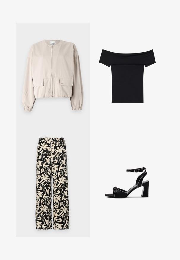Svetložltý skrátený kabát vyrobený z hladkej látky. Má predný zips, dve náprsné vrecká, elastické manžety a okrúhly golier.; Čierny top bez ramienok vyrobený z mäkkého elastického materiálu. Obsahuje krátke rukávy a priliehavý strih. Jednoduchý, bezšvový dizajn.; Čierne nohavice s širokými nohavicami a krémovým kvetinovým vzorom. Vyrobené z ľahkej látky, s hladkou textúrou a vysokým pásom.; Čierne semišové sandále na podpätku s širokým blokovým podpätkom, nastaviteľným členkovým remienkom, otvorenou špičkou a kontrastným prešívaním.