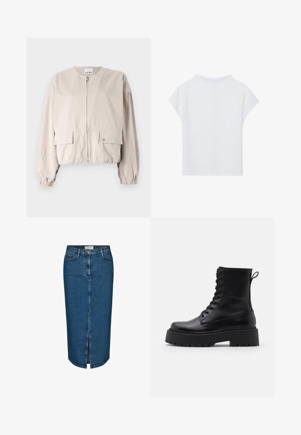 Lys beige cropped jakke lavet af et glat stof. Har en lynlås foran, to brystlommer, elastiske manchetter og en rund hals.; Hvid kortærmet top med en afslappet pasform, let tekstur og rund halsudskæring. Bagview viser et glat, simpelt design.; Denim blyantskørt i mørkeblå, med en forslidse, fem lommer og kontrasterende syninger. Mellem høj talje med et klassisk design.; Sorte læder ankelstøvler med rund tå, snørebånd foran og en tyk gummisål med struktureret slidbane. Hæfteløkke bagpå.