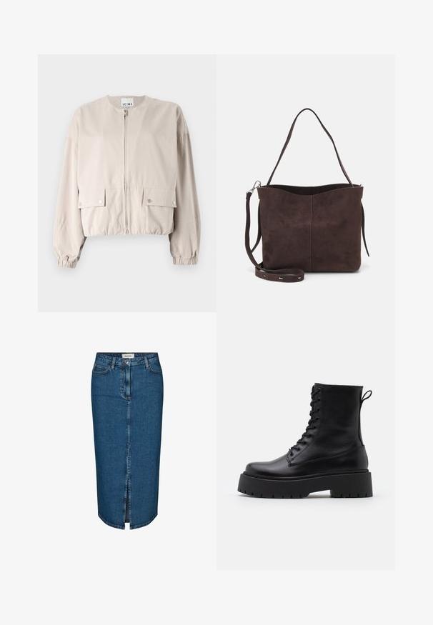 Ljus beige kort jacka tillverkad av ett slätt tyg. Den har en framdragkedja, två bröstfickor, elastiska ärmslut och rund hals.; Vit kortärmad topp med avslappnad passform, lätt textur och rundad halsringning. Bakifrån syns en slät och enkel design.; Jeanskjol i mörkblått, med en framtida slits, fem fickor och kontrasterande sömmar. Medelhög midja med en klassisk design.; Svarta läderankelboots med rund tå, snörning framtill och en tjock gummisula med strukturerat mönster. Dragflik bak.; Brun mockakläd väska med en mjuk textur, med en ensam axelrem och en subtilt rundad öppning upptill. Inga synliga detaljer i metall.