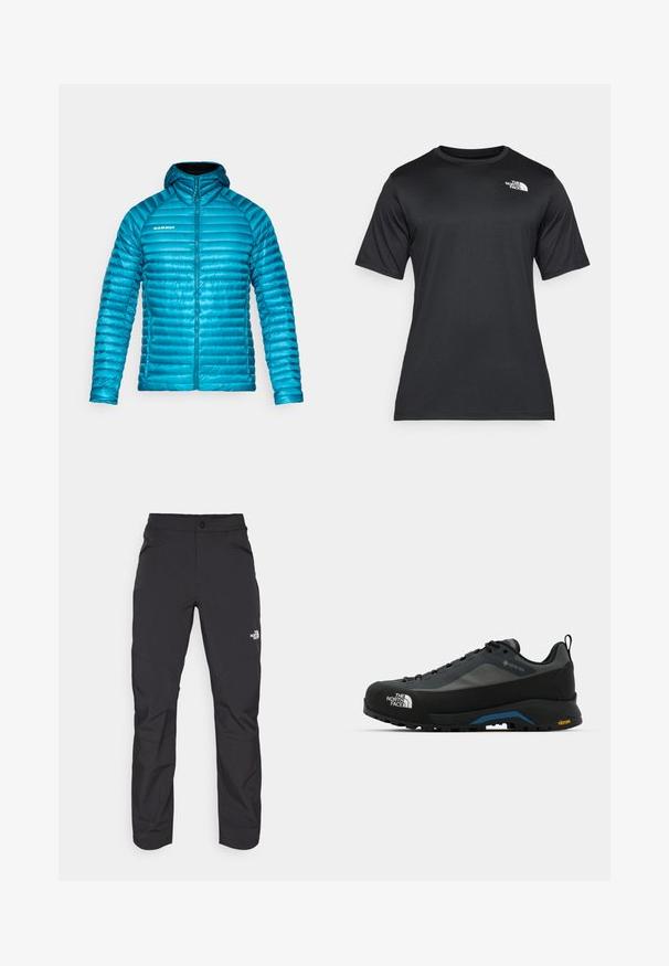 Zila izolēta jaka ar kapuci, ar horizontālu izšūšanas rakstu, ar rāvējslēdzēja aizdari un logotipu uz kreisā krūšu puses. Gluda ārējā tekstūra.; Melnā īsās piedurknes T-kreklā, izgatavotā no viegla, mitrumu uzsūcoša auduma. Tam ir balts logo kreisajā krūtīs un apaļa kakla izgriezums.; Melnas āra bikses ar rāvējslēdzēju priekšējā kabatā, sintētisks materiāls, sašaurinātas kājas un pastiprinātas ceļa paneļi. Iespējams, ar pogas aizdari.; The North Face VERTO ALPINE GORE TEX - Pārgājienu apavi - asphalt grey/tnf black
