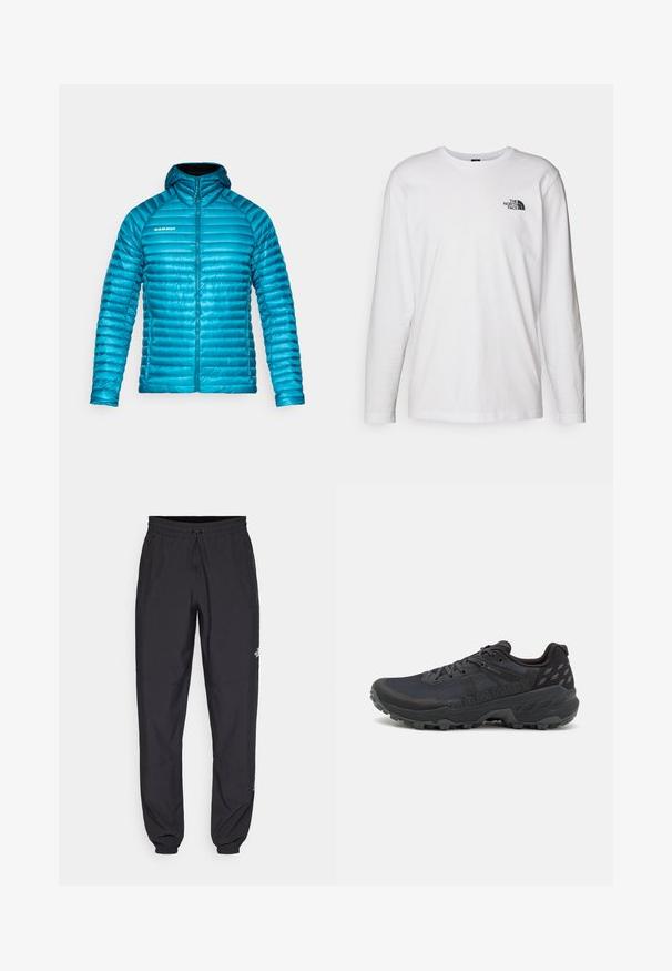 Modrá zateplená bunda s kapucí, s horizontálním prošíváním, zipovým zapínáním a logem na levé části hrudi. Hladký povrch.; Bílý dlouhý rukáv tričko vyrobené z bavlny s kulatým výstřihem. Na hrudi se nachází malé černé logo. Hladká textura, běžný střih.; Černé sportovní kalhoty vyrobené z lehké tkaniny, s páskem na šňůrku, bočními kapsami a zúženými manžetami na kotnících.; Černé trailové běžecké boty s texturovaným síťovaným svrškem a gumovou podešví; zahrnují tkaničky, polstrovaný límec a detaily s logem.