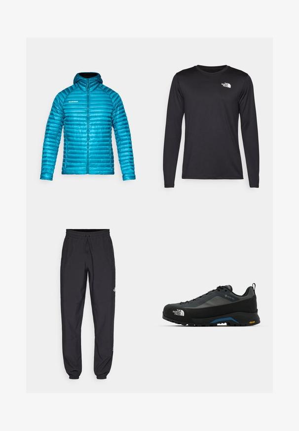 Sinine isoleeritud jope kapuutsiga, millel on horisontaalne tepitud muster, lukuga sulgemine ja logo vasakul rinnal. Sujuv välimine tekstuur.; Pikkade varrukatega must spordit-särk, mis on valmistatud kerge kangaga, esiküljel vasakul rinnal on valge logo. Sile tekstuur.; Mustavad sportlikud püksid, mis on valmistatud kergest kangast, joonlauaga taljest, küljetaskudega ja kitsenevate varrukatega pahkluude juures.; The North Face VERTO ALPINE GORE TEX - Matkajalatsid - asphalt grey/tnf black