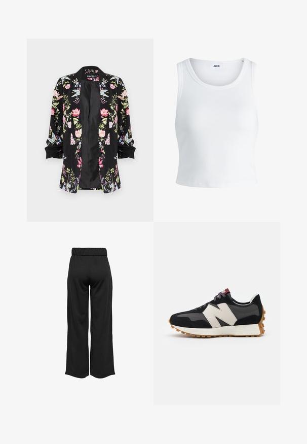 Black floral kimono jacket with short sleeves, featuring colorful floral patterns, a relaxed fit, and an open front design.; White ribbed tank top featuring a round neckline, sleeveless design, and a cropped length. Label reads "JJXX." Smooth fabric texture.; Black, wide-leg pants with an elastic waistband, made from smooth fabric. Features a clean design with no pockets or visible stitching details.; Black and gray suede sneaker with a large cream-colored "N" logo, purple laces, and a textured gum rubber outsole.