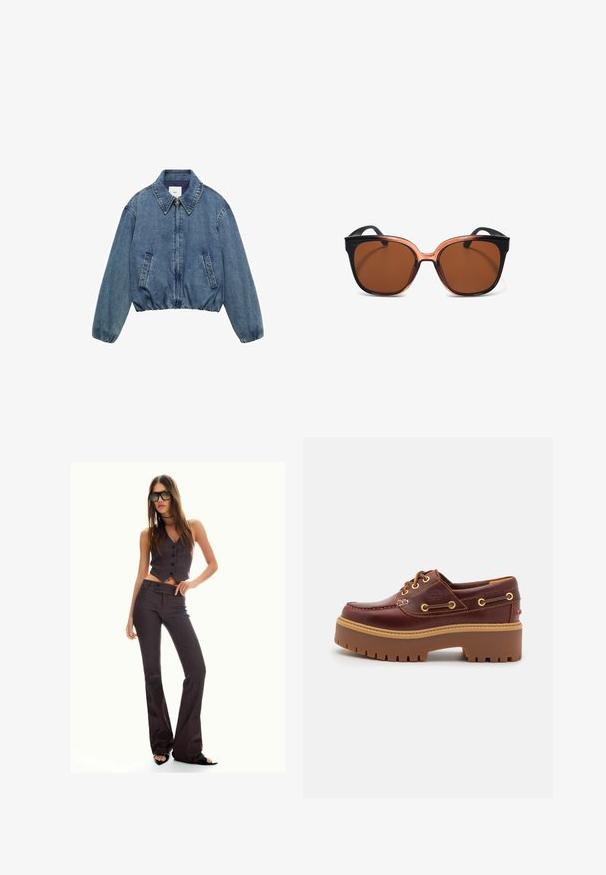 Mango Džínová bunda - blue; Polo tričko s krátkým rukávem v mahagonové a krémové pruhy s akcenty v světlé modré barvě, s límečkem a knoflíkovou légou. Měkká pletená tkanina.; Hnědý pruhovaný zkrácený vest a rozšířené kalhoty, s knoflíky a texturovanou látkou. Černé otevřené boty na podpatku a oversized sluneční brýle.; Hnědé kožené boty na lodi s robustní hnědou gumovou podrážkou, zlatými očky a kontrastním prošíváním. Na boku se nachází logo.; Sluneční brýle s hnědými čočkami, černými a transparentně oranžovými rámy, ve tvaru kočičích očí a hladkým povrchem. Bez viditelného kování nebo vzorů.; Hnědá semišová taška přes rameno s otevřeným vrchem. Disponuje hlubokým a širokým tělem, vyřezávaným držadlem a minimálním prošíváním pro čistý design.