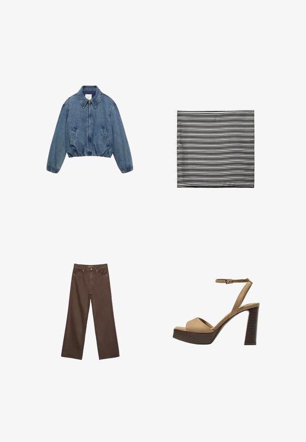 Mango Cowboyjakker - blue; Brun kortærmet t-shirt lavet af blødt stof, med rund halsudskæring og afslappet pasform. Ingen synlige mønstre eller detaljer.; Bredde ben brun denim jeans med høj talje, forlommer og klassisk knaplukning. Glat tekstur med diskret syninger.; Beige ruskinds højhælede sandaler med en bred foranrem og ankelrem, der har en kraftig træblokhæls struktur.; Sorte og hvide stribede tørklæde, lavet af letvægtsstof. Rektangulær form med jævne, skiftende striber i varierende bredder. Blød tekstur.; Brun læder tote bag med to forlængede håndtag, struktureret rektangulær form, glat overflade og subtile syninger.
