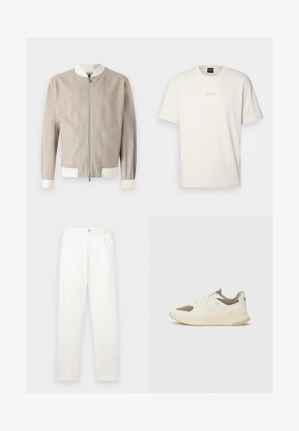Világos bézs bomber dzseki textúrált anyagból, fehér gallérral és mandzsettákkal, elöl cipzárral záródik. Egyszerű, letisztult dizájn.; BOSS TEE - Basic póló - open white; Fehér nadrág sima anyagból, egyenes lábbal, elülső pliszékkal és egy gombos záródással a derékon.; Fehér és világos bézs sportcipő, légies hálós felsőrésszel, perforált részletekkel és texturált középtalppal, amelyen a saroknál a márka logója található.