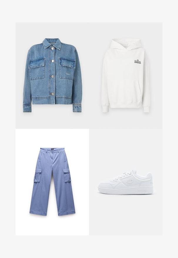Denim jacket in light blue with a classic collar, two front pockets, silver buttons, and orange stitching accents. Features a boxy fit.; White cotton hoodie with a kangaroo pocket, ribbed cuffs, and a drawstring hood. Features a small black logo on the chest.; Light blue cargo pants made of a smooth fabric. Features dual side pockets, a relaxed fit, and straight-leg design with stitched detailing.; White sneaker made of smooth synthetic material, featuring round toe, flat sole, and subtle logo accents on the sides. Classic low-top design.