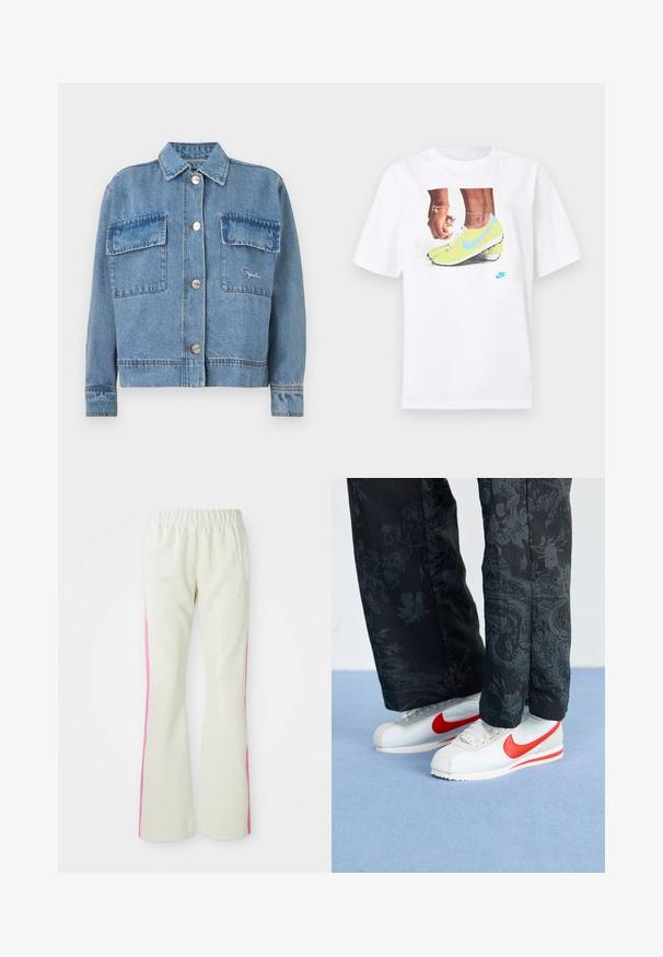 Šviesiai mėlynas džinsinis švarkas su klasikiniu apykakle, dviem priekinėmis kišenėmis, sidabro spalvos mygtukais ir oranžinėmis siūlėmis. Turi dėžutės formos siluetą.; Balta medvilninė marškinėlis su grafika, vaizduojančia kojas geltonose Nike sportinėse batuose su mėlynomis detalėmis, derinama su apyranke ant kairiojo riešo.; Šviesiai smėlio spalvos kelnės su elastinga juosmens juosta, turinčios rožinius šoninius panelius ir šonines kišenes. Lygi tekstūra su tiesiomis kojomis.; Baltos Nike sneaker'iai su raudonais akcentais, derinami su juodomis kelnių, turinčiomis gėlių raštą. Paviršius lygus, su plokščiu pynimo padu.