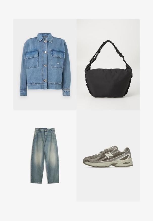 Džínová bunda svetlomodrej farby s klasickým golierom, dvoma prednými vreckami, striebornými gombíkmi a akcentmi v oranžovom prešívaní. Má voľný strih.; Krémové tričko s dlhým rukávom, na ktorom je výrazný červený nápis "COPENHAGEN" v zakrivenom dizajne. Mäkký bavlnený materiál. Štandardný strih.; Modré široké vyblednuté džínsy s prednými vreckami, pútkami na opasok, zipsom a zapínaním na gombík, položené na bielom pozadí.; Športová obuv v šedých a béžových sieťovinách s textúrovaným povrchom, s polstrovanou podrážkou, bielymi šnúrkami a reflexnými striebornými akcentmi.; Čierna látková taška s mäkkým, štruktúrovaným telom a zhobenými detailmi na stranách. Disponuje vrkočovou rukoväťou na nosenie.