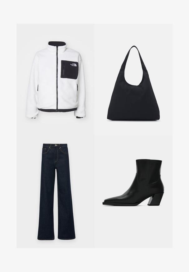 Giacca in pile bianca con colletto alto, zip nera e tasca sul petto a sinistra. Presenta dettagli neri in vita e ai polsi.; Maglione bianco a collo alto con lavorazione a trecce, caratterizzato da una silhouette cropped e bordi a coste. Texture morbida con un design accogliente e voluminoso.; Jeans in denim blu scuro a gamba larga con tasche frontali, passanti per cintura e chiusura con bottone.; Stivale in pelle nera alla caviglia con punta affilata, una silhouette slanciata e un tacco quadrato massiccio. Texture liscia con dettagli di cucitura minimi.; Borsa di tessuto nera con un'unica tracolla larga. Forma morbida e semi-strutturata, con una texture liscia; design minimale, senza hardware visibile.