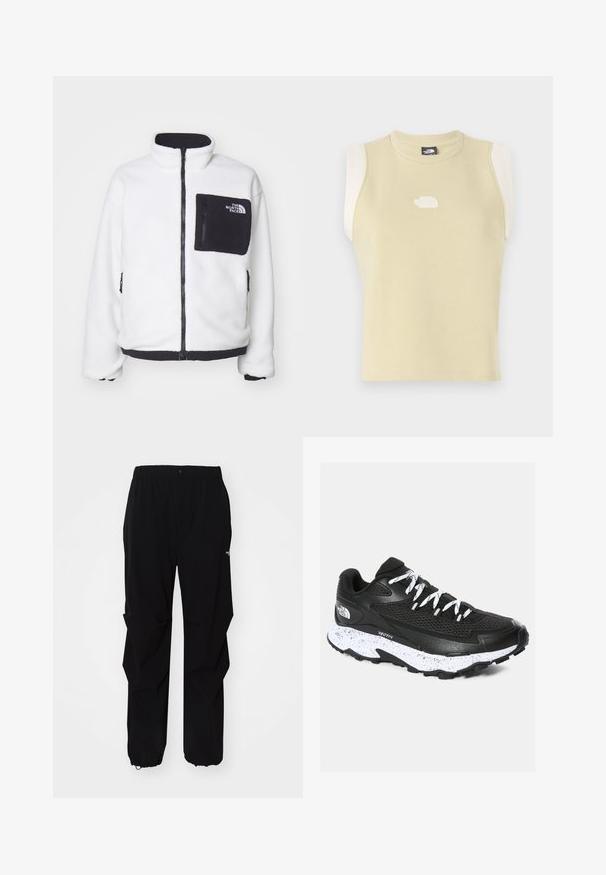 Hvit fleecejakke med høy krage, svart glidelås og brystlomme på venstre side. Har svarte detaljer ved midjen og mansjettene.; Ermeløs topp i pastellgul bomull med rund hals. Har kontrasterende kremfargede skulderpaneler og en teksturert logo på brystet.; Sorte utendørsbukser laget av slitesterkt materiale, med en avslappet passform, elastisk midjebånd og stramme mansjetter for justerbar lengde.; Svart treningssko med mesh-overdel og teksturert design. Har hvit prikket mellomsåle, tykk svart yttersåle og reflekterende lisser.