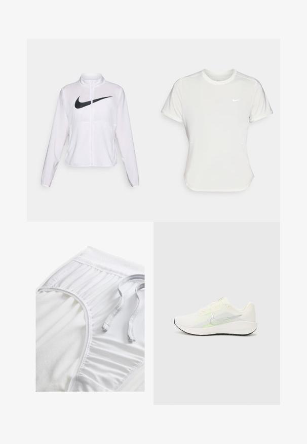 Hvit Nike-jakke med lange ermer, høy krage, glidelås foran, og en fremtredende svart swoosh-logo på forsiden. Glatt, lett materiale.; Nike T-skjorte i hvit, kortermet, rund hals, laget av et glatt og lett materiale. Har en subtil logo på brystet.; Hvite treningse shorts med strukturert midjebånd, samlede side detaljer og flat snøring. Myk stoff med glatt overflate.; Nike Performance DOWNSHIFTER 13 - Løpesko for vei - sail/silver-coloured photon dust/summit white/barely volt/black