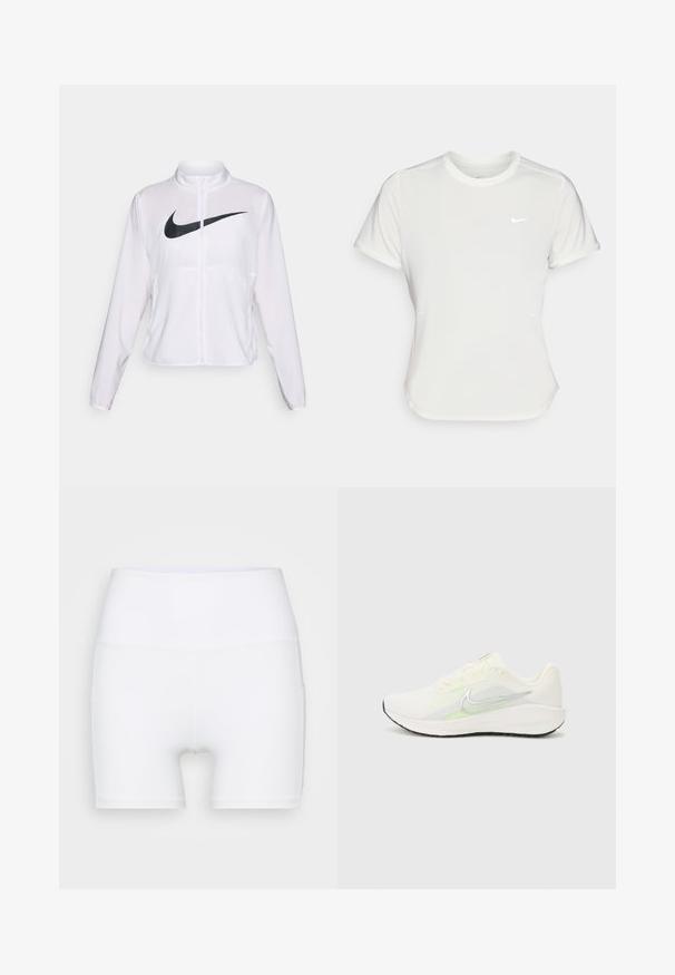 Witte Nike jack met lange mouwen, hoge kraag, ritssluiting en een opvallend zwart swoosh-logo aan de voorkant. Glad, lichtgewicht stof.; Nike T-shirt in het wit, korte mouwen, ronde halslijn, gemaakt van een gladde, lichte stof. Bevat een subtiele logo op de borst.; Witte hoge taille shorts van rekbare stof. Kenmerken een gladde textuur en een aansluitend ontwerp, zonder extra patronen of hardware.; Nike Performance DOWNSHIFTER 13 - Hardloopschoenen voor op de weg - sail/silver-coloured photon dust/summit white/barely volt/black