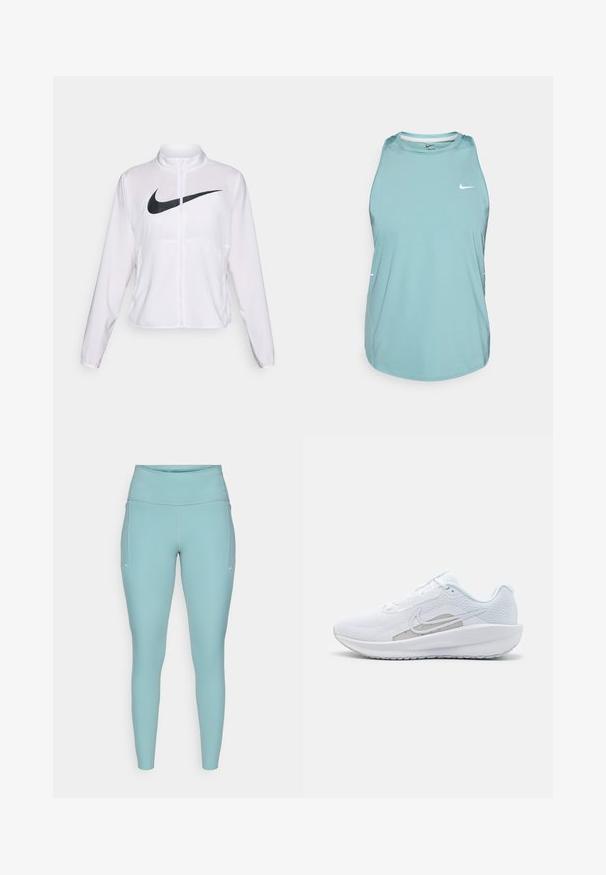Hvid Nike jakke med lange ærmer, høj krave, lynlås lukning og en fremtrædende sort swoosh-logo på forsiden. Glat, letvægts stof.; Lysblå ærmeløs atletisk tanktop lavet af glat, syntetisk materiale. Har en rund halsudskæring og et lille hvidt logo på fronten.; Lyseblå leggings lavet af strækbart materiale, med en høj talje, sømløst design og minimale hvide detaljer på siderne.; Hvid træningssko med mesh-overdel, rund tå og tekstureret sål. Har et sølvfarvet Nike-swoosh og et minimalistisk design.