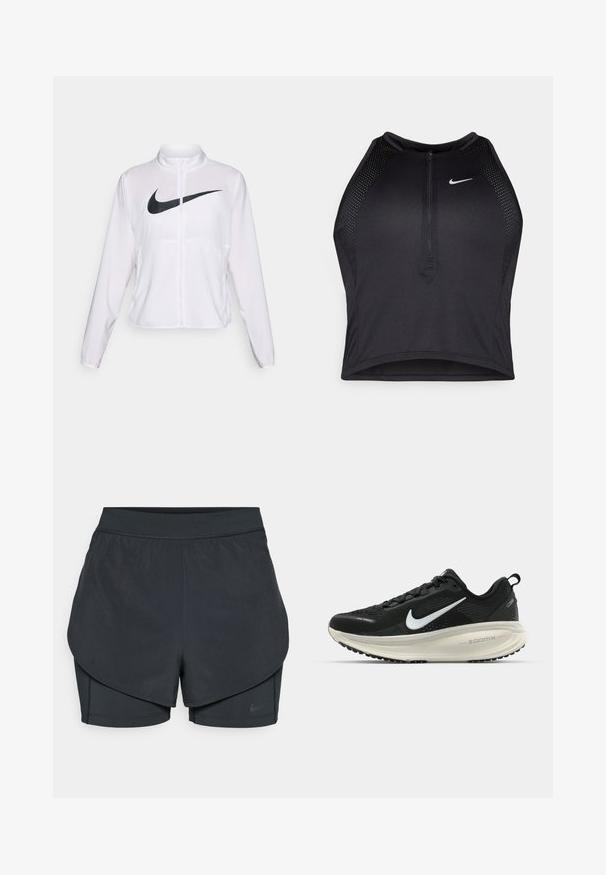 Jaqueta branca da Nike com mangas longas, gola alta, fecho de zíper e um grande logótipo swoosh preto na parte da frente. Tecido suave e leve.; Top cropped atlético preto com fecho à frente, acentos em malha e um design ajustado. Feito de tecido elástico e respirável. Logótipo da Nike na frente.; Calções desportivos pretos com um design em camadas, apresentando uma camada exterior suave e calções interiores ajustados. Feitos de um tecido leve e elástico.; Sapatilha de corrida Nike preta com parte superior de malha respirável, logotipo Swoosh branco, detalhes texturizados e uma entressola ZoomX na cor creme.