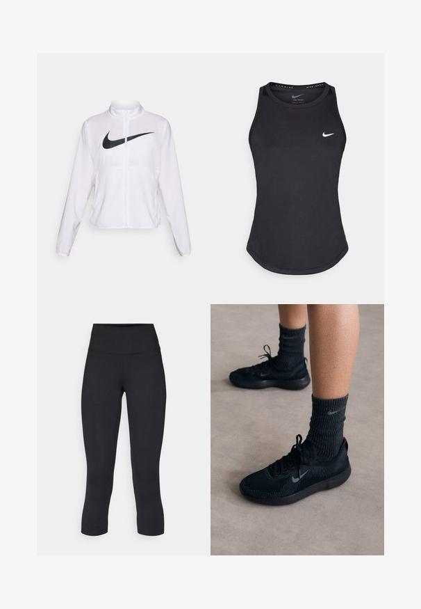 Biała kurtka Nike z długimi rękawami, wysokim kołnierzem, zamkiem błyskawicznym oraz wyraźnym czarnym logo swoosh z przodu. Gładki, lekki materiał.; Czarny sportowy top bez rękawów wykonany z materiału odprowadzającego wilgoć. Posiada okrągły dekolt, dopasowany krój oraz białe logo Nike na piersi.; Czarne, krótkie legginsy wykonane z elastycznego materiału, z wysokim stanem i gładką strukturą, bez widocznych wzorów czy elementów metalowych.; Czarne sneakersy Nike z teksturowaną dzianiną, z szarym logo swoosh, w połączeniu z ciemnymi, prążkowanymi skarpetkami. Płaska gumowa podeszwa.