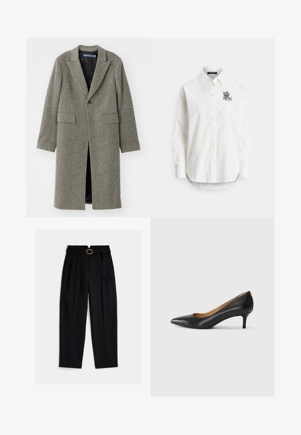 Kabát s kostkovaným vzorem houndstooth v odstínech šedé, s klopovým límcem, zapínáním na jeden knoflík a dvěma předními kapsami. Podšívka.; Bílá bavlněná košile s dlouhými rukávy, špičatým límečkem a námořnicky modrým logem vyšitým na levé straně hrudi. Zaoblený spodní lem.; Černé kalhoty s vysokým pasem, páskem v pase, sklady vpředu a širokými nohavicemi. Vyrobené z hladké látky s klasickým střihem.; Černé kožené lodičky s špičatou špičkou, nízkým podpatkem a hladkým povrchem. Mají mírné otevření vpředu a minimální kovové prvky na zadní straně.