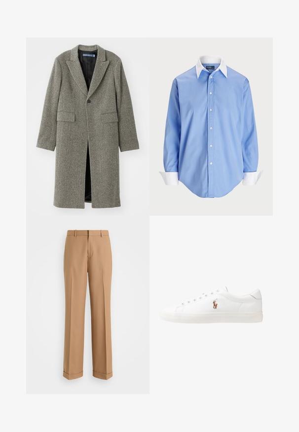 Melnas un pelēkas krāsas koši izstrādāts mētelis ar izsistu tipa apmali, vienu pogu, un divām priekšējām kabatām. Odere iekšpusē.; Gai zils pogājams krekls ar garām piedurknēm un baltu kontrastējošu apkakli. Iezīmes gluda tekstūra un piecas priekšējās pogas.; Bežīgas pielāgotas bikses ar taisnu kāju dizainu, izgatavotas no mīksta auduma, ar priekšējo krokas un sarullētām piedurknēm apmalē.; Baltas ādas sporta apavi, zema dizaina, ar gludu tekstūru, noapaļotu purngalu, ar auklēm priekšpusē un nelielu izšūtu logotipu sānos.