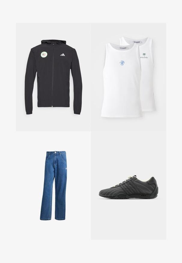 Zwarte hoodie met rits en een capuchon met trekkoord, voorzien van een ronde groene patch met een voetbaldesign en het witte Adidas-logo op de borst.; Twee witte tanktops met een geribbelde textuur, voorzien van blauwe en groene borduurlogo's. De ene heeft een zonontwerp, de andere een palboom.; Blauwe hoge taille wijde spijkerbroek met voorzakken, riemlussen, knoopsluiting en klein Adidas-logo op de rechterdij.; adidas Originals ADIRACER UNISEX - Sneakers laag - core black/cream white