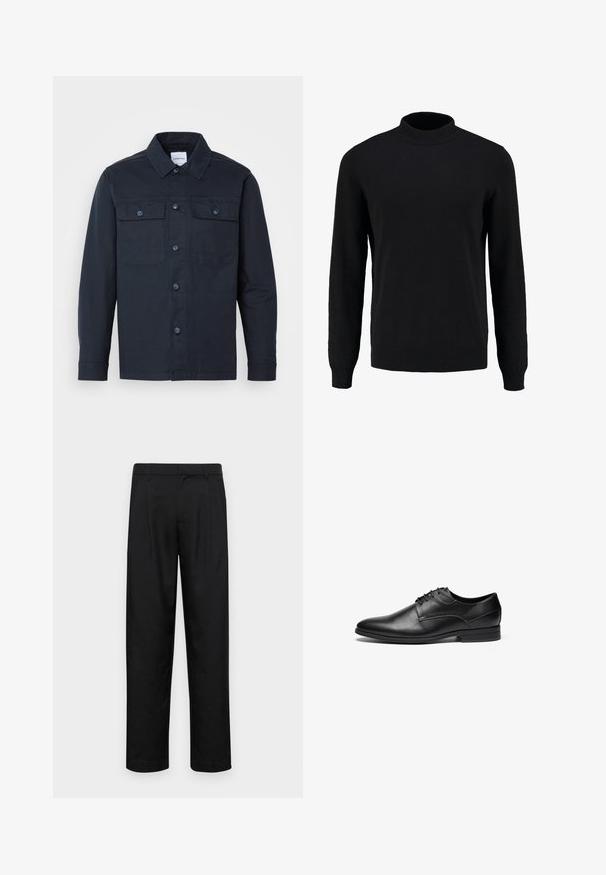 Mörkblå knappad skjorta i en bomullsblandning, med två bröstfickor och en klassisk krage.; Svart stickad tröja med hög krage, långa ärmar och ribbstickade muddkanter och fåll, med en slät textur och klassisk silhuett.; Svarta byxor i slät väv, med rak ben-design, två framfickor och standardmidja med bälteshällor.; Svart lädersko med slät yta, rund tå och design med fyra snörhål. Har en låg staplad klack och sömnadsdetaljer.