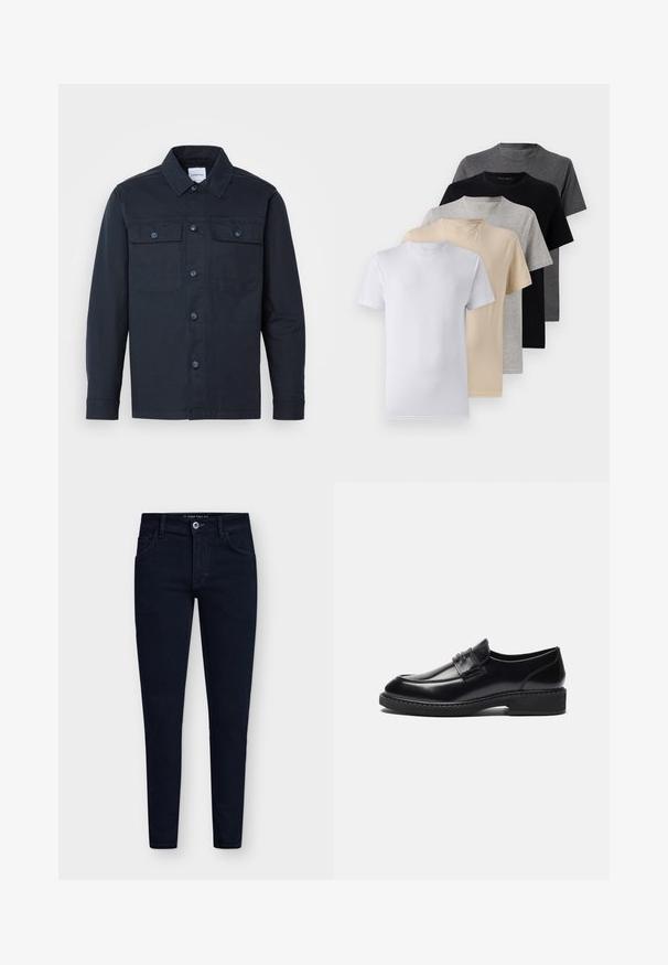 Granatowa koszula zapinana na guziki, wykonana z mieszanki bawełny, z dwoma kieszeniami na piersiach i klasycznym kołnierzykiem.; Zestaw pięciu t-shirtów z krótkim rękawem w kolorach białym, beżowym, jasnoszarym, ciemnoszarym i czarnym. Wykonane z gładkiej bawełny, z klasycznym dekoltem.; Ciemnoniebieskie dżinsy slim fit z pięcioma kieszeniami, zapięciem na guzik i mocnym materiałem dżinsowym. Posiadają klasyczny fason i minimalne przeszycia.; Zign - Biznesowe loafersy