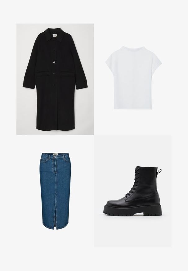 Schwarzer Wollmantel mit einem Kragen-Ausschnitt, Frontknöpfen und zwei großen aufgesetzten Taschen. Gerade geschnitten mit langen Ärmeln.; Weißes Kurzarmoberteil mit lockerer Passform, leichtem Material und rundem Ausschnitt. Die Rückansicht zeigt ein glattes, schlichtes Design.; Dunkelblauer Denim-Bleistiftrock mit einem Schlitz vorne, fünf Taschen und kontrastierenden Nähten. Mittlere Taillenhöhe mit klassischem Design.; Schwarze Lederstiefeletten mit runder Zehenpartie, Schnürung vorne und einer dicken Gummisohle mit strukturiertem Profil. Mit Zugschlaufe an der Rückseite.