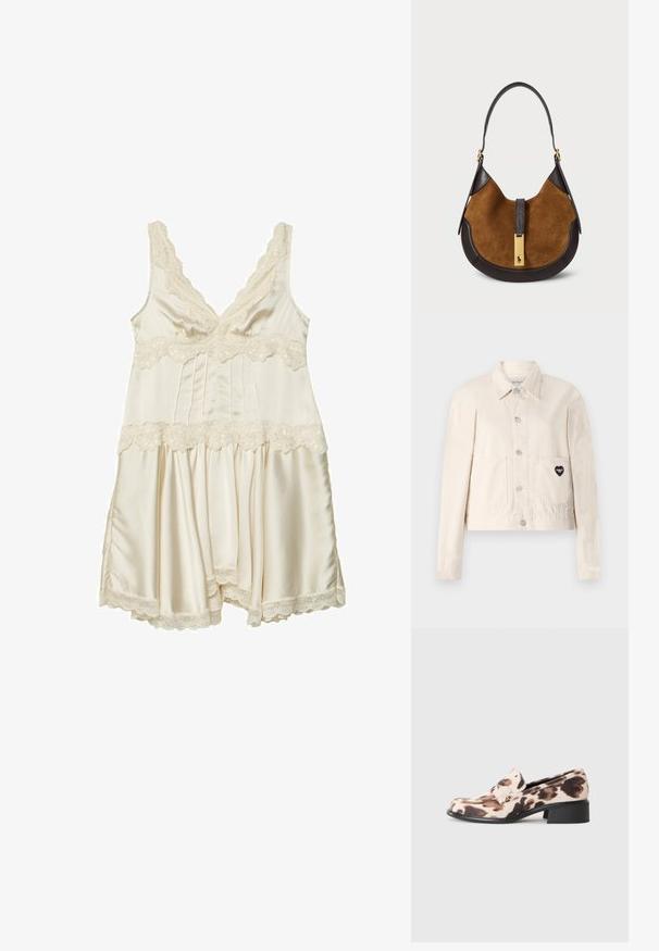 Lys beige denimjakke med lange ærmer, krave, trykknapper, to frontlommer og et hjerteformet sort logo på den venstre lomme.; Creme satin natkjole med blondekant, der har v-hals, justerbare stropper, plisseret bodice og en flagrende nederdel med bølgede kanter.; Lavhælede loafers med sort stablet hæl, beige og brun dyreprint stofoverdel samt dekorativ rem over forfoden.; Brun ruskinds skuldertaske med mørke læderdetaljer, buet form, flad håndtag og en guldfarvet beslag med logo detalje foran.