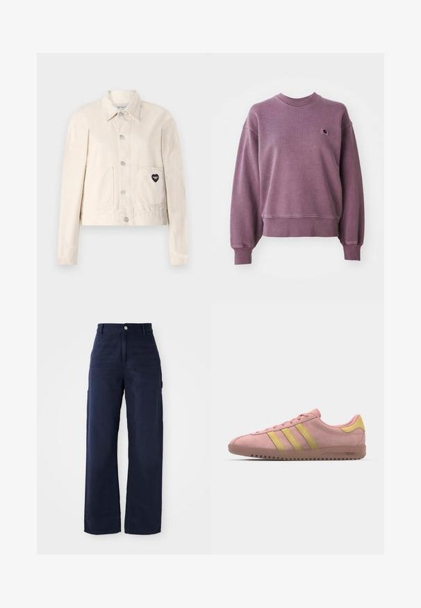 Lys beige denimjakke med lange ærmer, krave, trykknapper, to frontlommer og et hjerteformet sort logo på den venstre lomme.; Lilla crewneck sweatshirt med ribbede manchetter og kant, med et lille firkantet Carhartt-logo-patch på venstre bryst.; Mørkeblåvidde cargo bukser fremstillet af et robust bomuldsstof, der har sidelommer og en knaplukning i taljen.; Lyserøde ruskinds sneakers med tre gule striber, rund tå og struktureret gummisål. Lav profil design med polstret krave.
