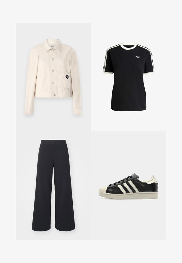 Giacca in denim beige chiaro con maniche lunghe, colletto, bottoni a pressione, due tasche frontali e un logo nero a forma di cuore sulla tasca sinistra.; T-shirt nera in cotone con accenti bianchi sul collo e sulle maniche, caratterizzata da tre strisce bianche su ciascun spalla e un piccolo logo sul petto.; Pantaloni felpati neri a gamba larga realizzati in tessuto morbido, con un elastico in vita e un piccolo logo sul lato sinistro.; Sneaker in pelle nera con strisce bianche, punta in gomma, lacci neri e suola di colore crema. Texture liscia con finitura brillante.