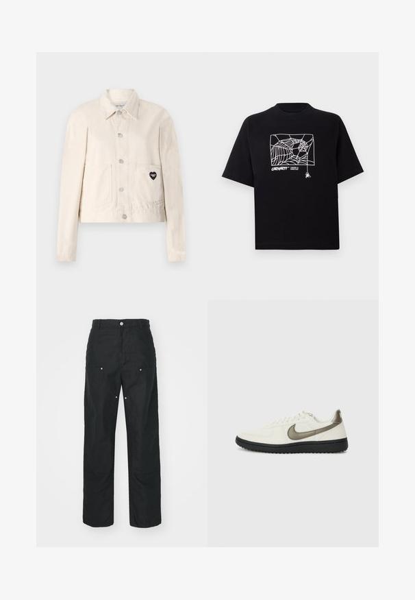 Jasno beżowa dżinsowa kurtka z długimi rękawami, kołnierzem, zatrzaskami, dwoma przednimi kieszeniami oraz czarnym logo w kształcie serca na lewej kieszeni.; Czarna koszulka z krótkim rękawem wykonana z bawełny. Na przodzie znajduje się biały nadruk w kształcie pajęczyny oraz logo. Prosty, zaokrąglony dekolt.; Czarne spodnie o prostym kroju, wykonane z fakturowanej tkaniny. Zawierają dekoracyjne srebrne akcenty oraz unikalne detale szwów.; Nike Sportswear - Sneakersy niskie