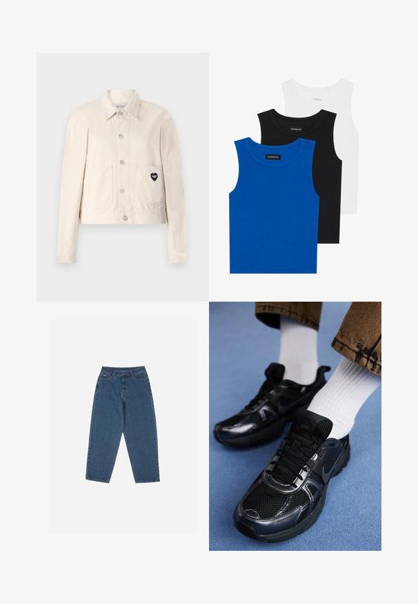 Vaaleanbeige farkkutakki pitkillä hihoilla, kauluksella, neppareilla, kahdella etutaskulla ja vasemmassa taskussa sydämen muotoinen musta logo.; Kolme hihattomaa paitaa sinisessä, mustassa ja valkoisessa. Kangas on ribattu ja kaula-aukko on pyöreä. Jokaisessa paidassa on "even&odd"-tunnus.; Sininen farkkuhousut, joissa on rento istuvuus, korkea vyötärö, viisi taskua ja ompeluaccentit. Varustettu napilla ja vetoketjulla.; Musta Nike-urheilukengät, joissa on verkkopintaa kiiltävillä yksityiskohdilla, mustat nauhat ja teksturoitu pohja. Yhdistetty valkoisiin ribbipolkimiin.