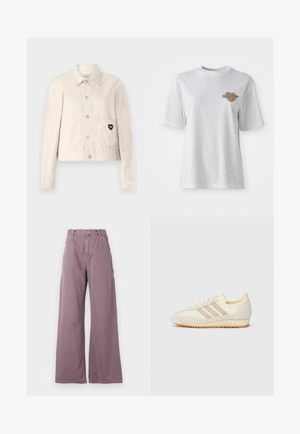 Light beige denim jacket with long sleeves, collar, snap buttons, two front pockets, and a heart-shaped black logo on the left pocket.; Carhartt WIP GROWTH - Print T-shirt - white stone washed; Wide-leg pants in dusty mauve cotton, featuring a front button closure, side pockets, and stitched detailing along the seams.; Cream athletic sneaker featuring three beige stripes, suede and textile materials, a textured sole, and embossed branding on the heel.