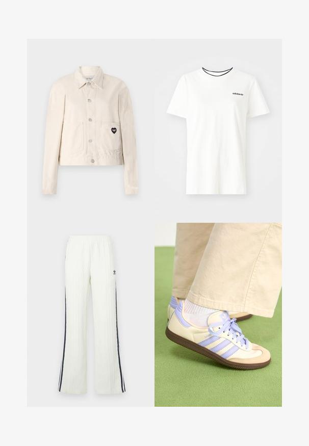 Lys beige denimjakke med lange ærmer, krave, trykknapper, to frontlommer og et hjerteformet sort logo på den venstre lomme.; Hvid bomulds t-shirt med korte ærmer og rund halsudskæring. Har et sort Adidas-logo på brystet og en kontrasterende sort indvendig krave.; Lyse cremefarvede bukser i kabelstrik med flared design. Har mørkeblå sidelommer og en Adidas-logo på hoften. Elastisk taljebånd.; Creme og lavendel sneakers med tre striber og en tekstureret brun sål, der har snørebånd og en polstret hæl. Blødt stof øvre.