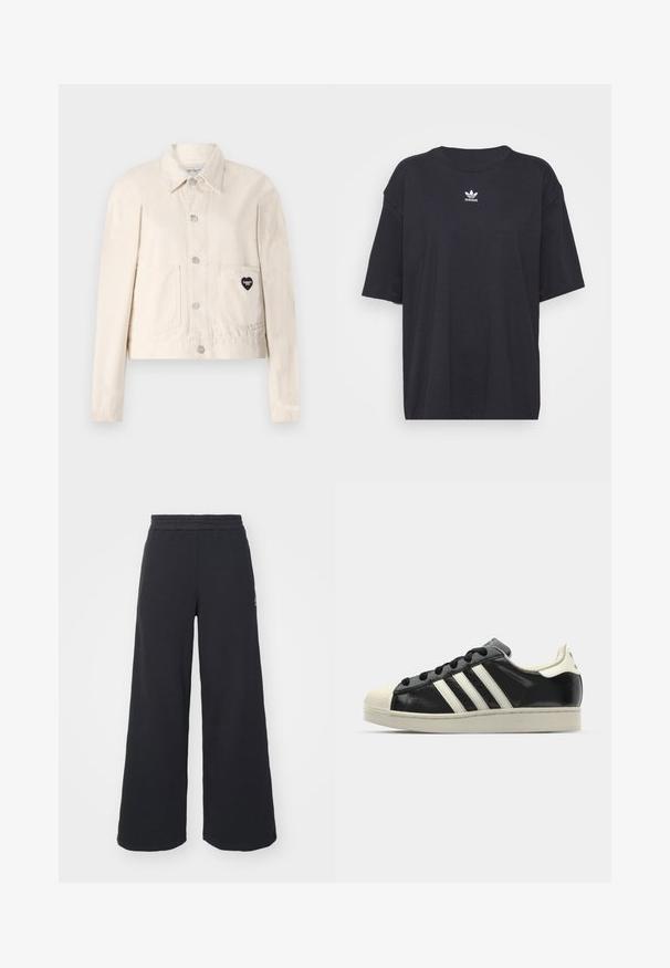 Chaqueta de mezclilla beige clara con mangas largas, cuello, botones a presión, dos bolsillos frontales y un logo negro en forma de corazón en el bolsillo izquierdo.; Camiseta de algodón negra con mangas cortas, cuello redondo, presenta un logo blanco de Adidas en el pecho. Diseño simple, ajuste relajado.; Pantalones de chándal negros de pierna ancha, hechos de una tela suave, con una cintura elástica y un pequeño logo en el lado izquierdo.; Zapatilla de cuero negro con rayas blancas, puntera de goma, cordones negros y suela color crema. Textura suave con acabado brillante.