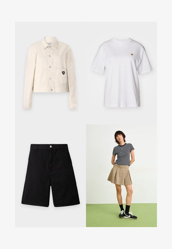 Lichtbeige denimjas met lange mouwen, kraag, drukknoopjes, twee voorzakken en een hartvormig zwart logo op de linkerzak.; Witte katoenen t-shirt met een relaxte pasvorm, korte mouwen en een klein geborduurd logo op de linkerborst.; Zwarte shorts van duurzaam materiaal, met een recht gesneden ontwerp, voorzakken, een ritssluiting en een metalen knoopsluiting.; Gestreepte zwart-witte T-shirt, beige geplooide rok, zwarte sneakers met witte accenten, gedragen met zwarte crew-sokken.