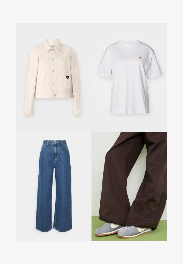 Light beige denim jacket with long sleeves, collar, snap buttons, two front pockets, and a heart-shaped black logo on the left pocket.; White cotton t-shirt with a relaxed fit, short sleeves, and a small embroidered logo on the left chest area.; Wide-leg blue denim trousers with a high waist, contrasting stitching, and side pockets, featuring a classic five-pocket design and raw hems.; Brown wide-leg pants with smooth texture and side seam detailing, paired with grey and white retro-style sneakers featuring a gum sole.