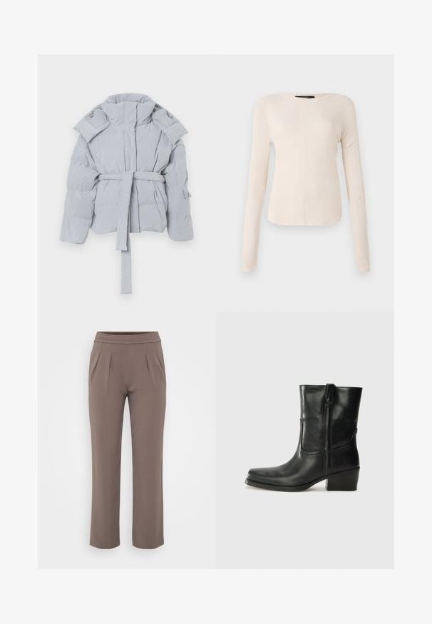 Gaiši pelēks pūkains mētelis ar augstu apkakli, jostas vietu un pogām rotātiem pleciem. Gluds audums ar quilted struktūru un bez redzamām aizdariem.; Ilgi piedurkņu, gaiši bēšas krāsas blūze ar apaļu dekoltē. Izgatavota no mīksta auduma, ar centrālo šuvi un nedaudz izliekta apakšmala. Nav redzamu papildus elementu.; Taurī šūšanas brīvās formas bikses ar elastīgu jostasvietu un priekšējiem krokām, izgatavotas no gludas auduma.; Melna ādas potīte ar noapaļotu purngalu, bloku papēdi, sānu rāvējslēdzēju un šuvju akcentiem uz virsmas. Gluda tekstūra, klasiskā dizaina.