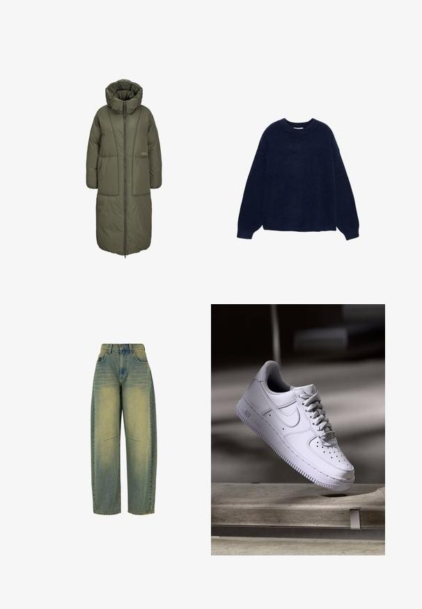 Olivovo zelený dlhý prešívaný kabát s vysokým golierom, predným zipsom a dvoma veľkými prednými vreckami. Hladká, odolná tkanina s prešívanou textúrou.; Námornícko modrý pletený sveter vyrobený z mäkkej látky, s okrúhlym výstrihom a širokými rukávmi, s uvoľneným strihom a bez viditeľných vzorov alebo kovových prvkov.; Džínsy s širokými nohavicami v svetlom modrom odtieni s vyblednutou textúrou. Obsahujú päť vreciek a vysoký pás. Čistý lem a jemné švy.; Nike Sportswear AIR FORCE 1 07 - Tenisky - white