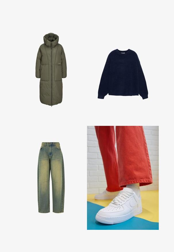 Olivovo zelený dlhý prešívaný kabát s vysokým golierom, predným zipsom a dvoma veľkými prednými vreckami. Hladká, odolná tkanina s prešívanou textúrou.; Námornícko modrý pletený sveter vyrobený z mäkkej látky, s okrúhlym výstrihom a širokými rukávmi, s uvoľneným strihom a bez viditeľných vzorov alebo kovových prvkov.; Džínsy s širokými nohavicami v svetlom modrom odtieni s vyblednutou textúrou. Obsahujú päť vreciek a vysoký pás. Čistý lem a jemné švy.; Biele kožené tenisky s perforovanou špičkou, textúrovanou podrážkou a bielymi šnúrkami, spárované so širokými červenými nohavicami na modrom a žltom pozadí.